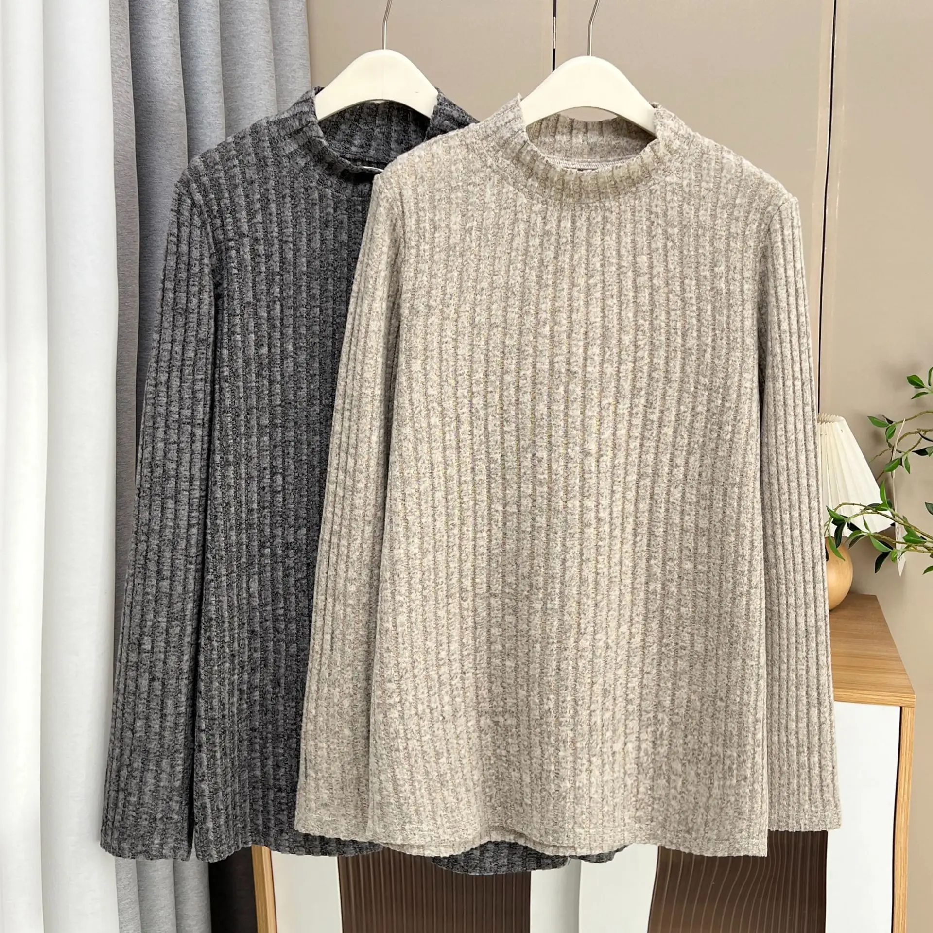 XXXXL Fashion Plus Size Women's T-Shirt New Autumn And Winter Casual Mock Neck Brushed Warm Long Sleeved Base Inside Tops 1747