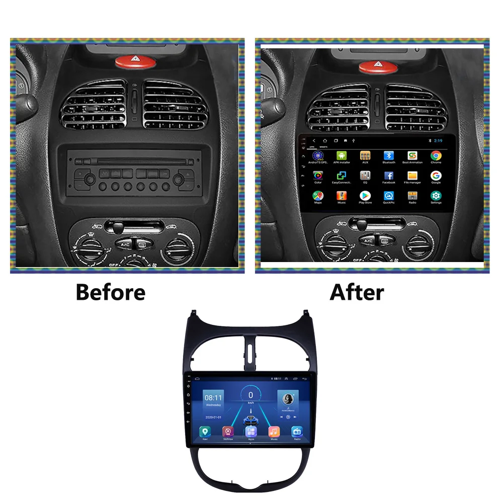 Autoradio GPS tactile Bluetooth Android & Apple Carplay Peugeot 206+, 207,  207 CC et 207 SW + caméra de recul