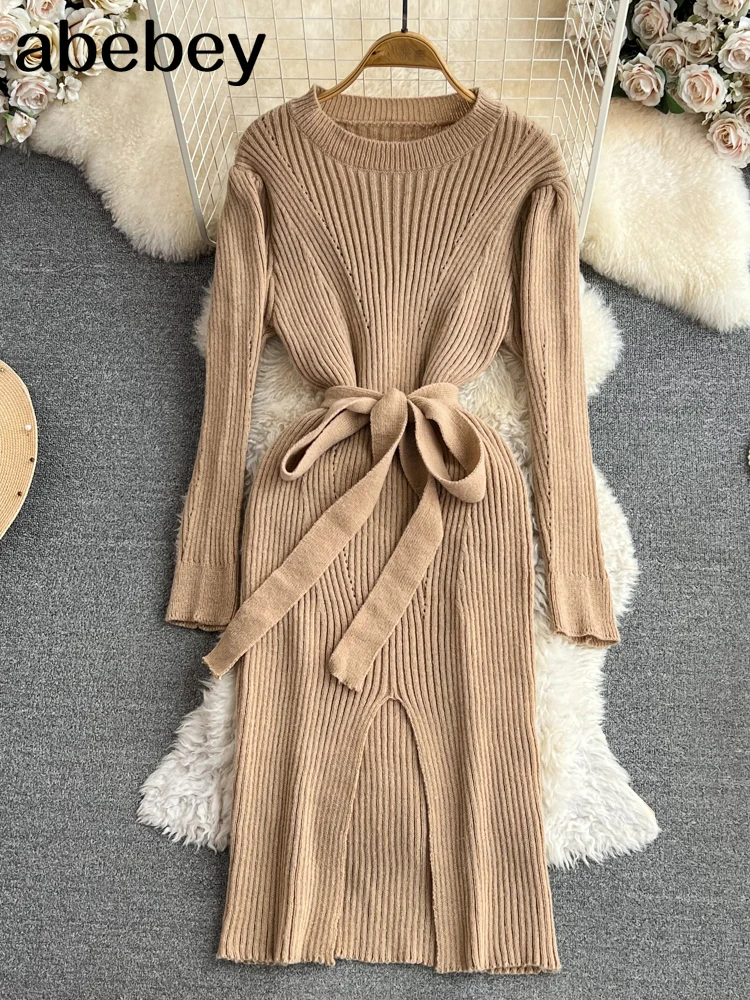 

Split Knitted Dress Hollow Out O Neck Autumn Fashion Korean Style Women Streetwear Skinny Bodycon Long Dress