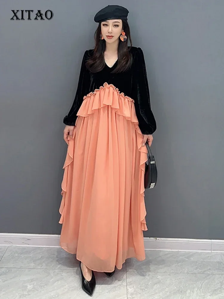 

XITAO Casual V-neck Dress Fashion Contrast Color Patchwork Women Autumn New Arrival Loose Slimming Temperament Dress HQQ1675