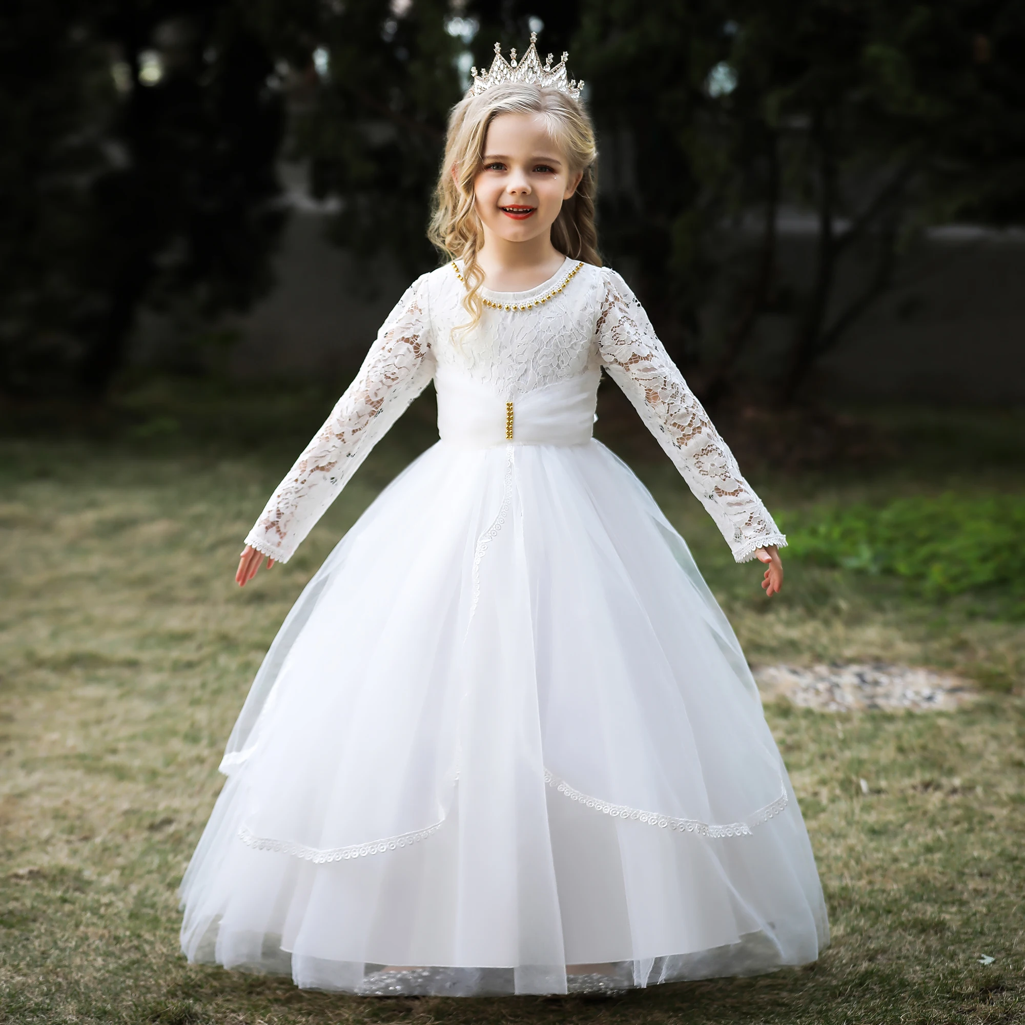 Flower Girl Dresses For Kids Luxury Princess White Satin Gown Long Sleeve  Illusion Lace With Bow Wedding Evening Party From Dh418623186, $70.2 |  DHgate.Com