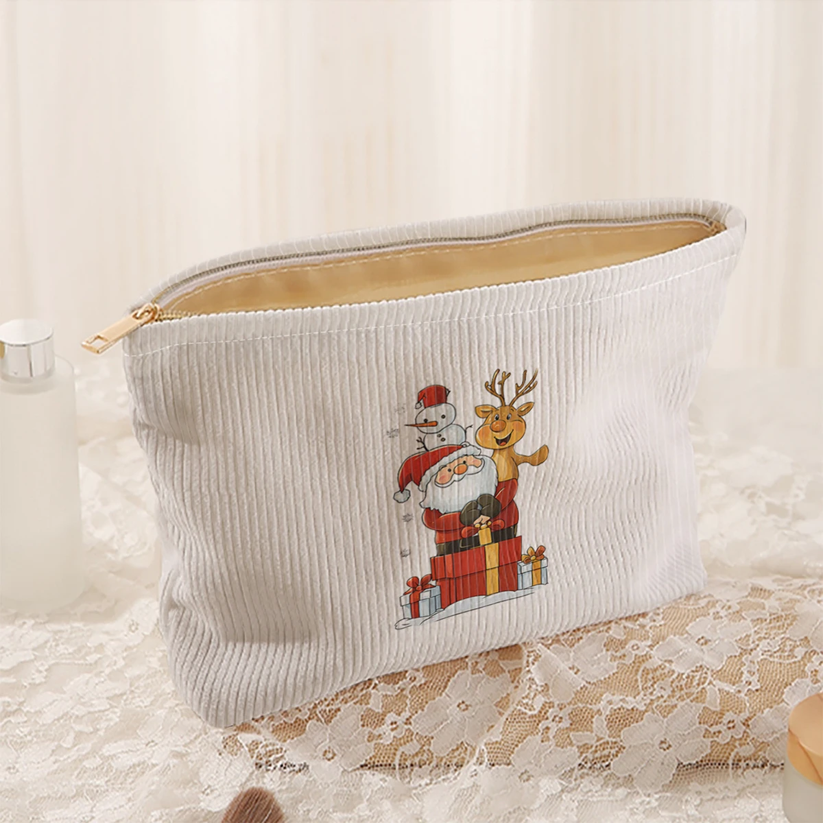 1 Christmas themed corduroy makeup bag, lightweight zipper makeup storage box, multifunctional bag with lining