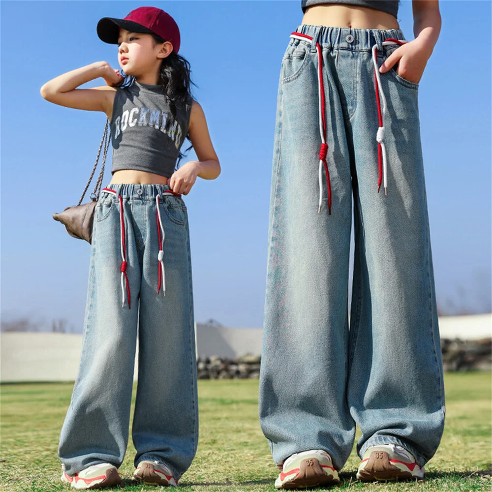 635 Back Pocket Embroidery Spring Girls' Wide Leg Pants Fashion Girls' Jeans Children's Jeans Kid's Casual Pants