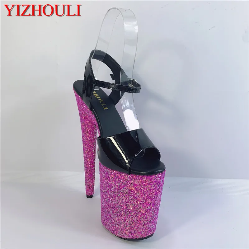 

20 cm sexy silver sequins waterproof platform with black uppers, stiletto heels 8 inches high pole dancing model dance shoes