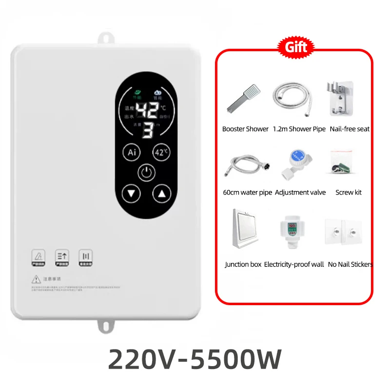 5500W Instant Water Heater 220V Smart Wall Mounted Electric Shower Tankless Instant Water Heater Thermostat for Bathroom Kitchen