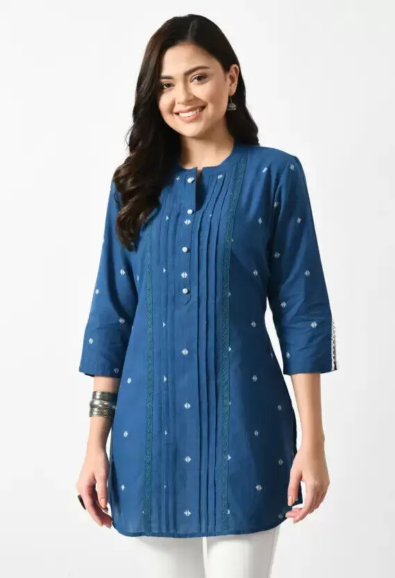 

Women Kurti Blue Cotton Top Kurta Indian Party Wear Long Sleeved Shirt