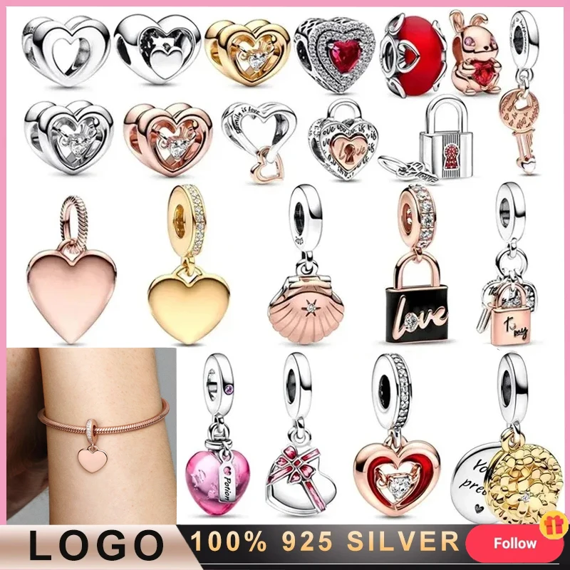 2023 New Women's Beaded 925 Sterling Silver Shining Heart shaped Padlock String Decoration Original LOGO DIY Charming Jewelry