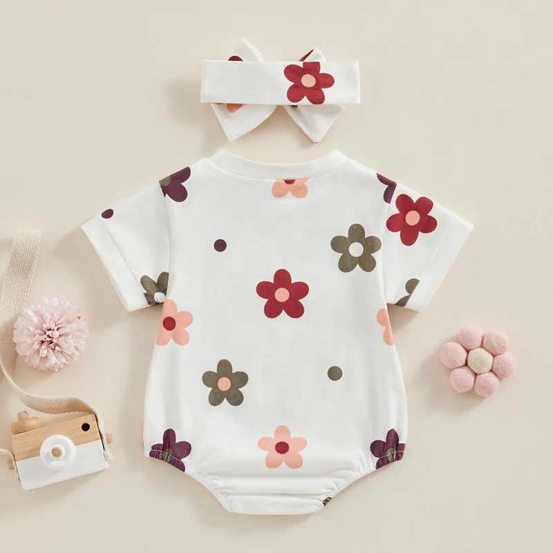 Newborn Baby Girl Floral Summer Romper and Headband
