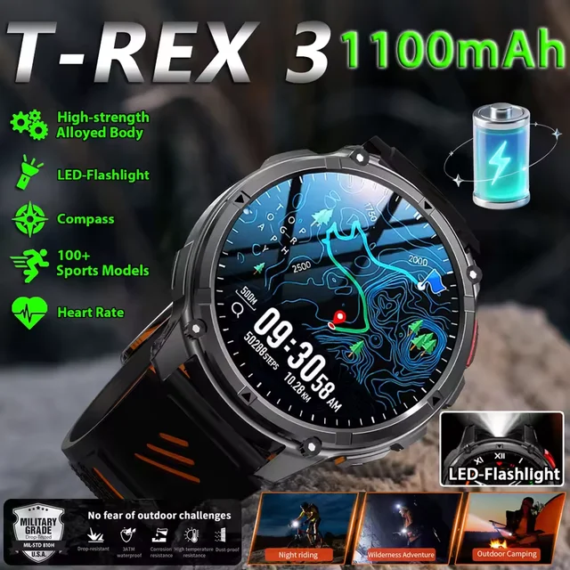 New T-REX3 Ultra 1100mAh Battery SmartWatch 10ATM Waterproof GPS Compass Flashlight 1.7" AMOLED HD Call Sports Smart Watch Men