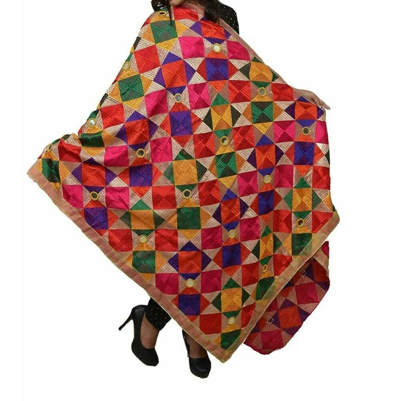 Women's Chiffon Scarf Phulkari Mirror Design Ethnic Multicolor Party Dress European and American Fashion Trends