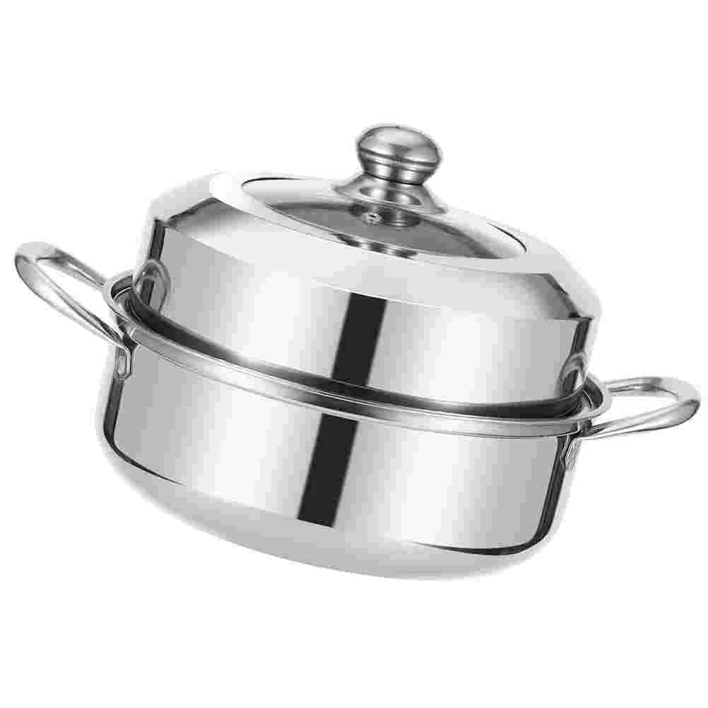Hotpot Double Layer Soup Steamer Reusable for Food Household Steaming Cookware Silver Stainless Steel Stockpot