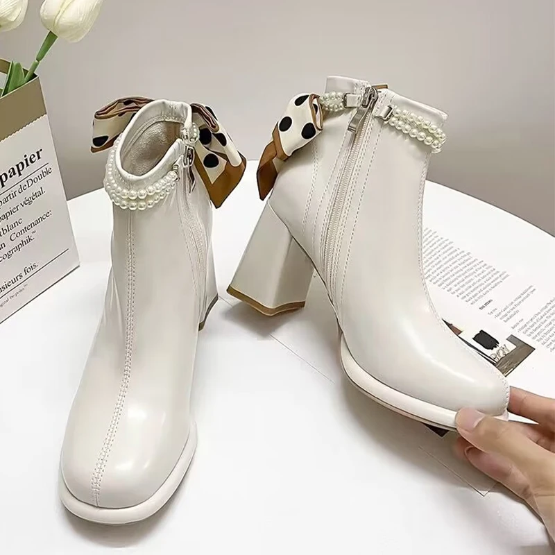 

Pearl with Thick Heel Mary Jane Shoes Spring Autumn 2024 New Square Toe High-heeled Shoes Women Platform Heels Bling Shoes 40