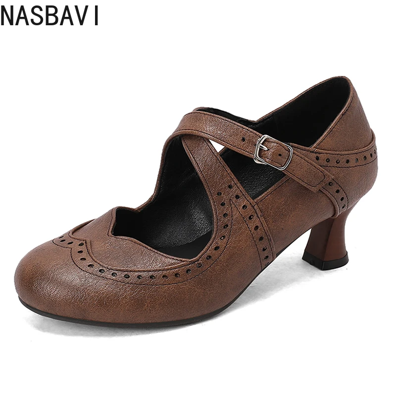 NASBAVI Brand Casual Daily Women Pumps Round Toe Strange Heels 6cm Buckle Strap Large Size 45 46 47 Soft Spring Shoes for Lady 6