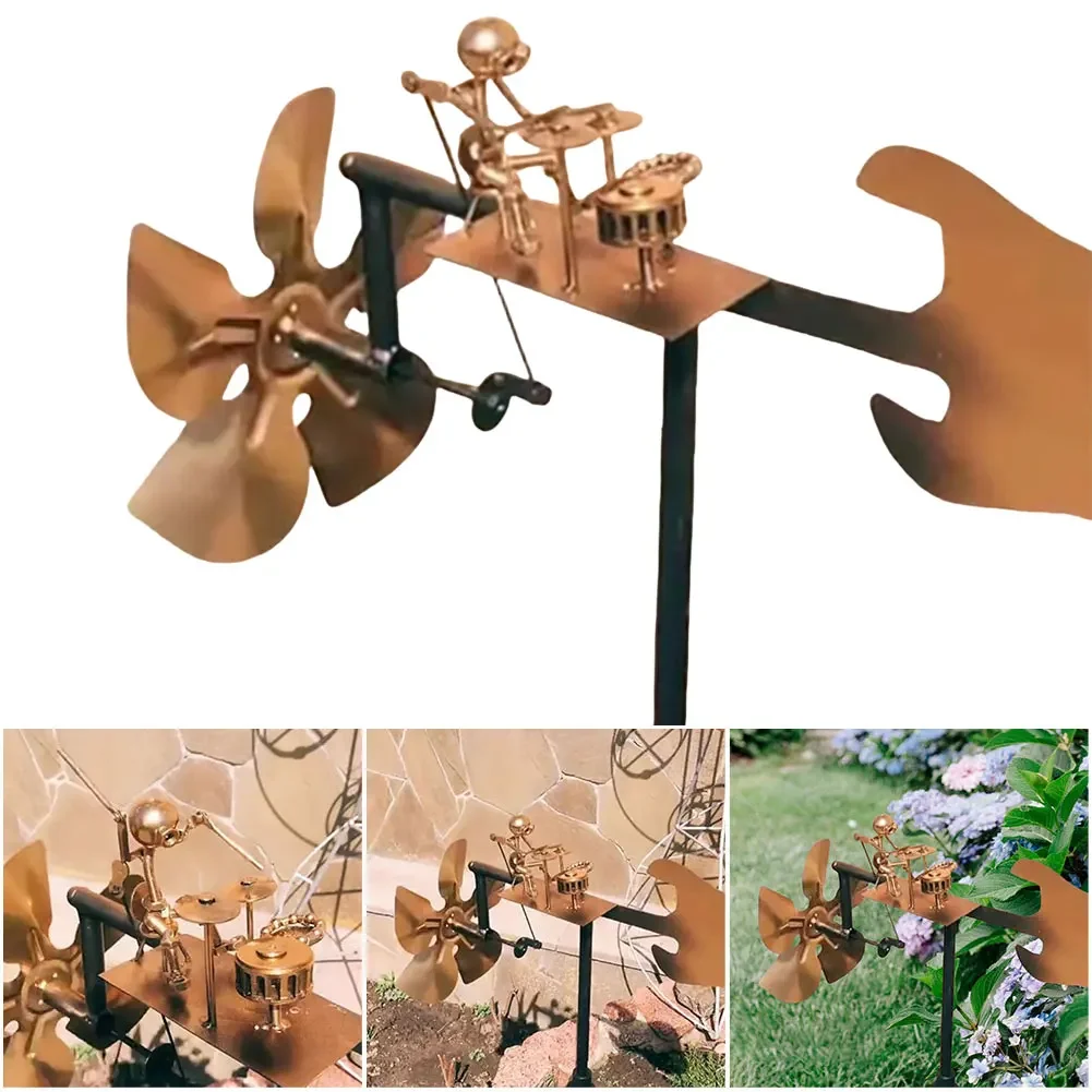 Metal Drummer Windmill Statue Beat The Drums with The Wind Decorative Wind Power Rock Art Statue for Yard Art Lawn Garden Decor