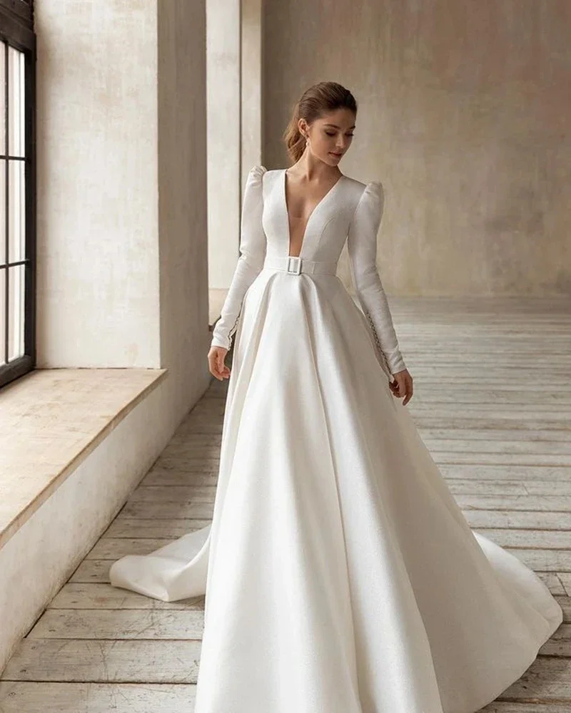 

Classic Elegant Wedding Dresses A Line Satin Bridal Gowns V Neck Long Sleeves Robes For Formal Party 2024 Vestidos De Novia 2023