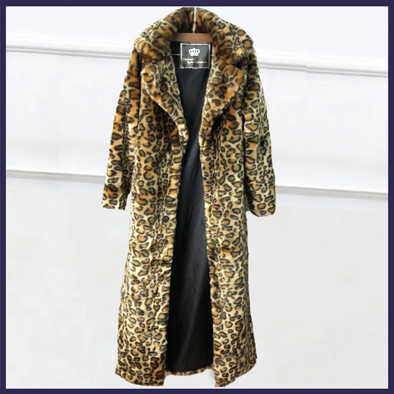 7XL 8XL Luxury Chic Long Sleeve Long Fur Coat Leopard Women Faux Fur Coat Plus Size Autumn Winter Thickened Warm Tops Fur Jacket