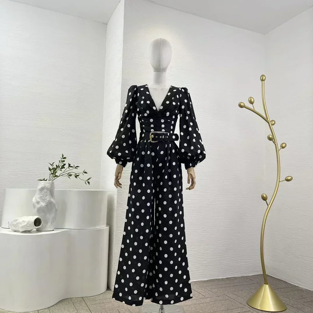 

Black White Polka Dot Long Lantern Sleeve Blouse and Belted Wide Pants Women Clothing 2 Pieces Set