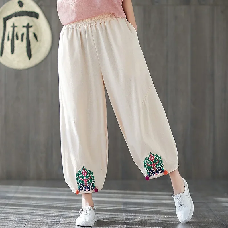 

Women'S Cotton Linen Pants Elastic Waist Vintage Bloomers Lady Loose Casual Chinese Style Retro Literary Cotton Trousers 12293