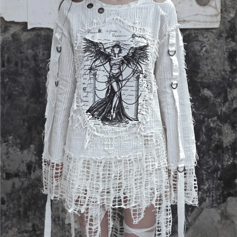 Three-Dimensional Pure Cotton Punk Tight Clothes Printed Sweater Spring