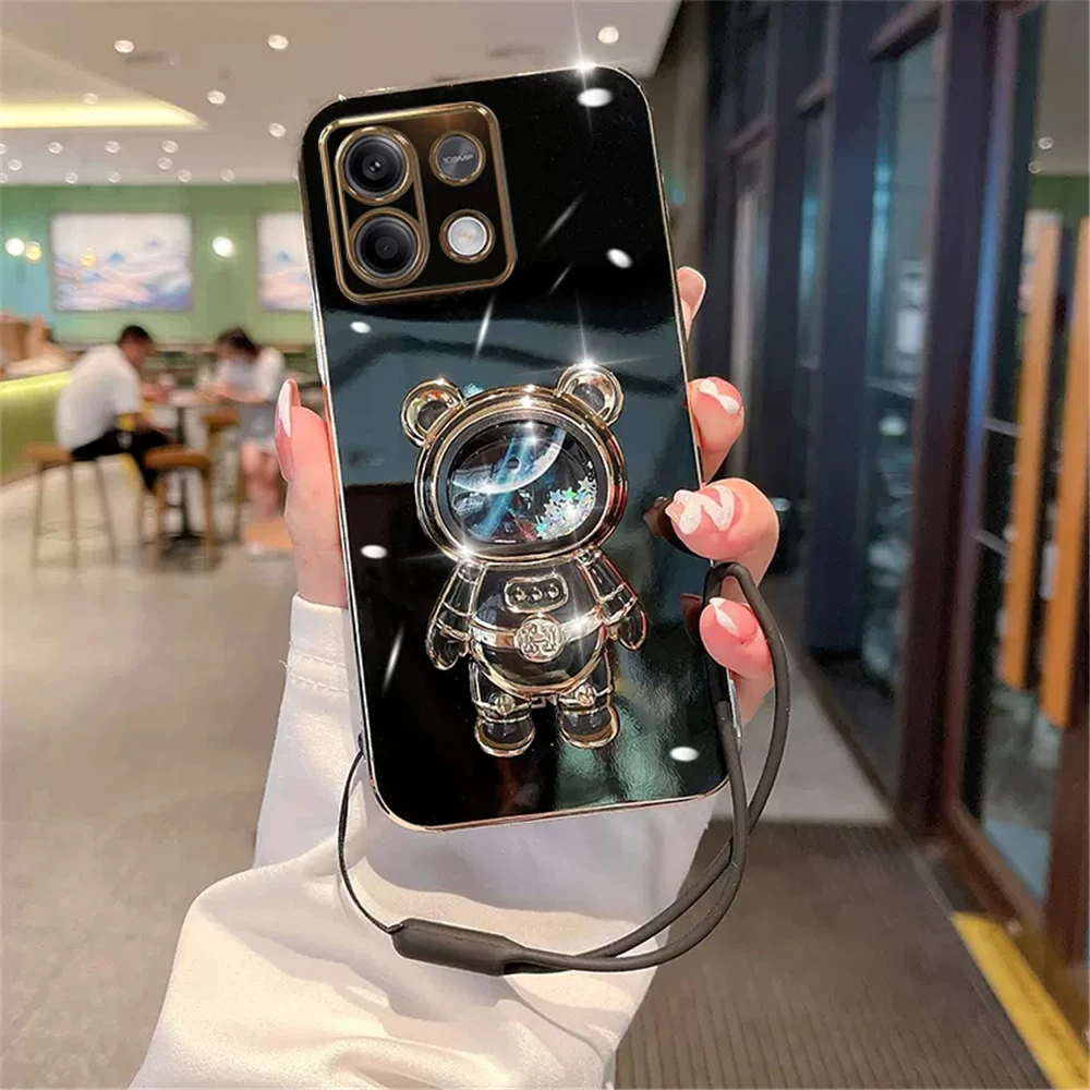 포코 M6 프로 케이스, 샤오미 포코 M6 프로 커버, Fundas Coque 카메라 보호대, 액체 실리콘 후면 케이스 11 퀵샌드 우주비행사 브래킷 휴대폰 케이스, 샤오미 레드미 노트 13 프로 4G 5G 13C 미 13 라이트 13T 소프트 실리콘 도금 후면 커버