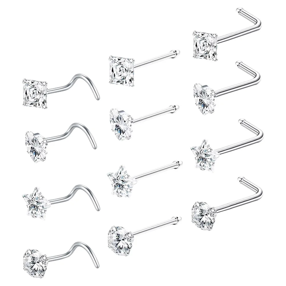 

12pcs Nose Ring Studs Zircon Nose Studs L-shaped Nose Piercing Jewelry Body Ornaments