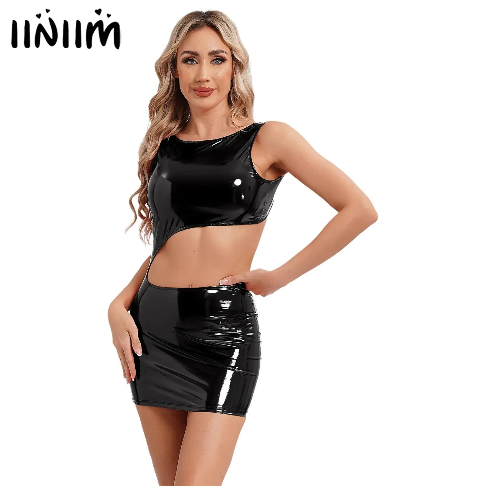 

Womens Sleeveless Strappy Back Cutout Sexy Mini Dress Wet Look Patent Leather Bodycon Dress Disco Rave Party Wetlook Clubwear