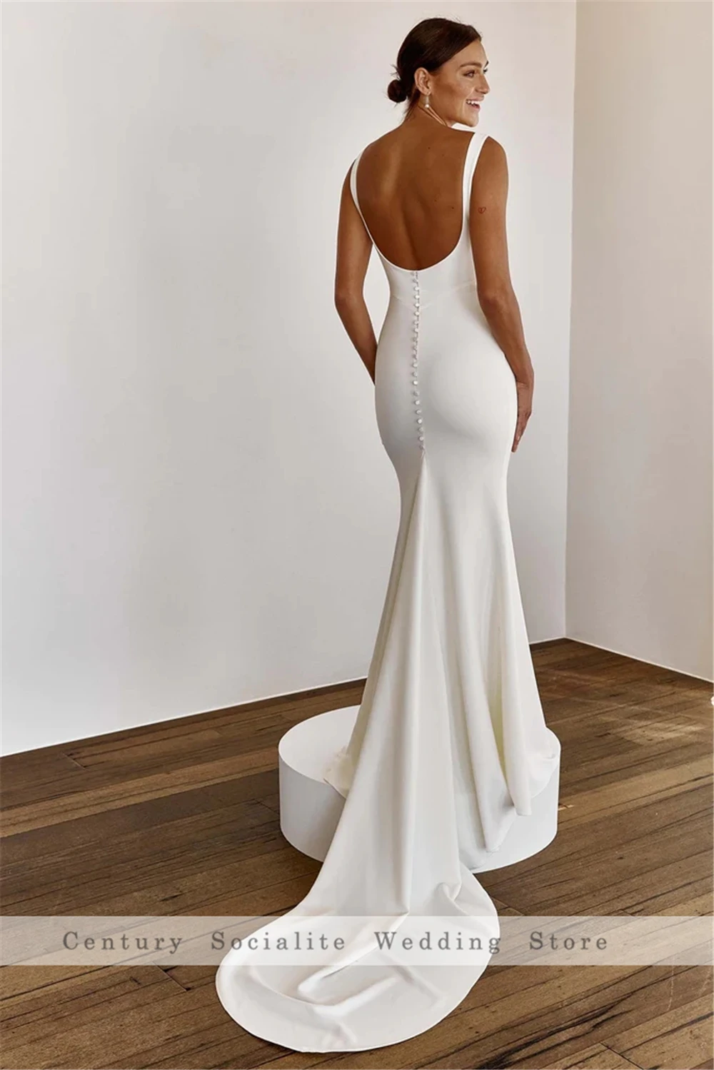 Mermaid Wedding Dress Women Square Collar Spaghetti Straps Bridal Gowns Open Back Crepe Bride Dresses Customized