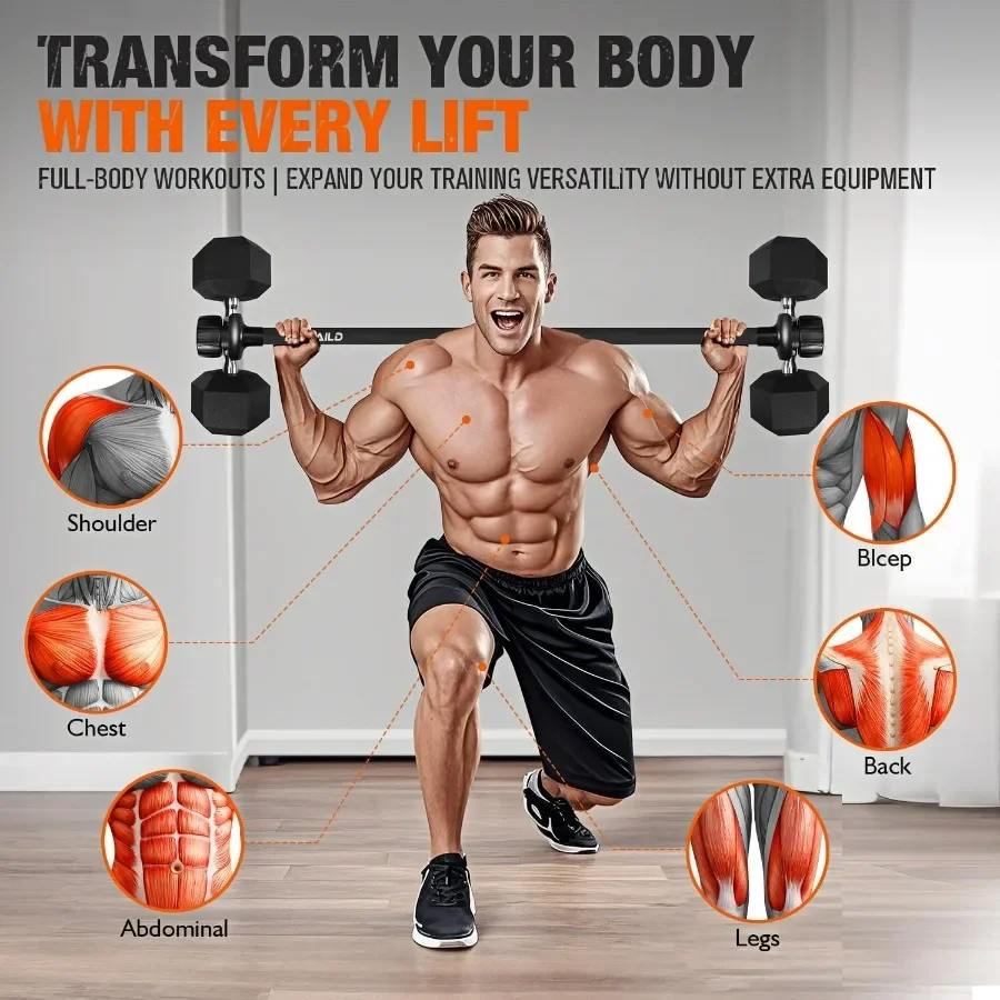 Dumbbell Converter, Convert Dumbbells to Barbell Set, Weight Bar for Bench Presses, Squats, Hip Thrust, Deadlifts, Home Weightli