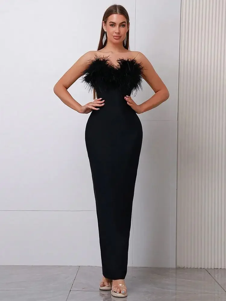 

2024 New Summer Women's Sexy Strapless Feather Maxi Black Bandage Dress Elegant Celebrity Party Evening Dress