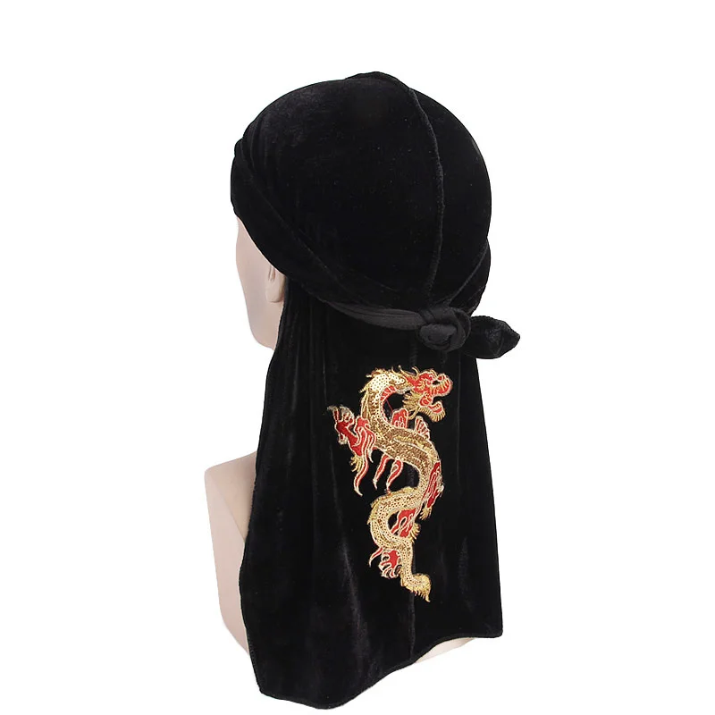Unisex Chinese Dragon Thermoprint Lint Durag Turbante A Coda Lunga Fasciatura Foulard China Style Solid Beanie Donna Uomo Wrap Head Hat