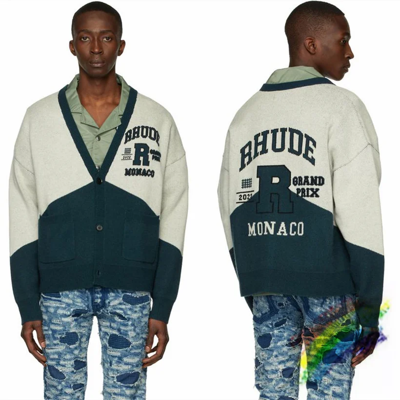 

Button V-Neck Rhude Knitted Men Women Cardigan Patchwork RHUDE Sweater Logo Jacquard Sweatshirts