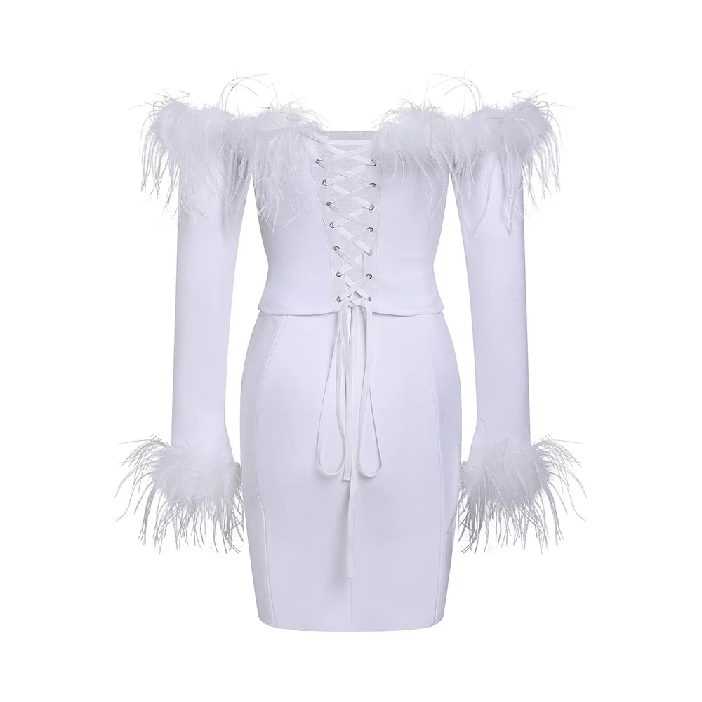 

Women Dress 2023 Autumn Fashion Sexy Strapless with One-Shoulder Feather Detail Elegant Slim Fit Two-Piece Set with Bandage