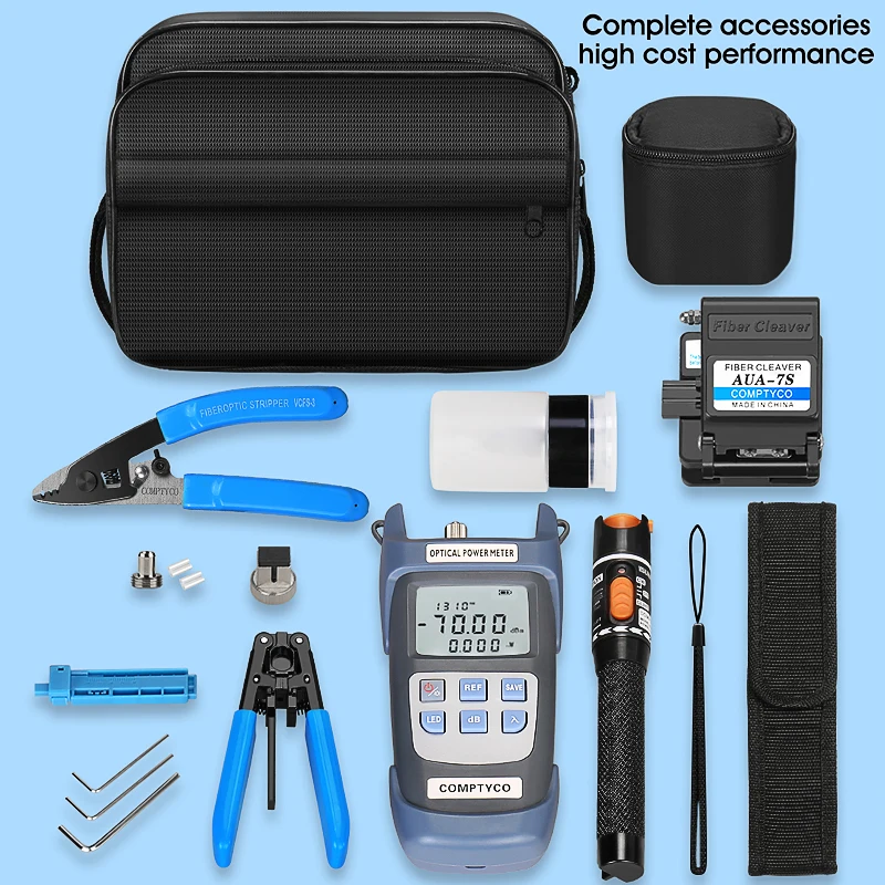 19PCS/set FTTH Fiber Optic Tool Kit with AUA-7S Fiber Cleaver -70～+10dBm Optical Power Meter 10mw Visual Fault Locator