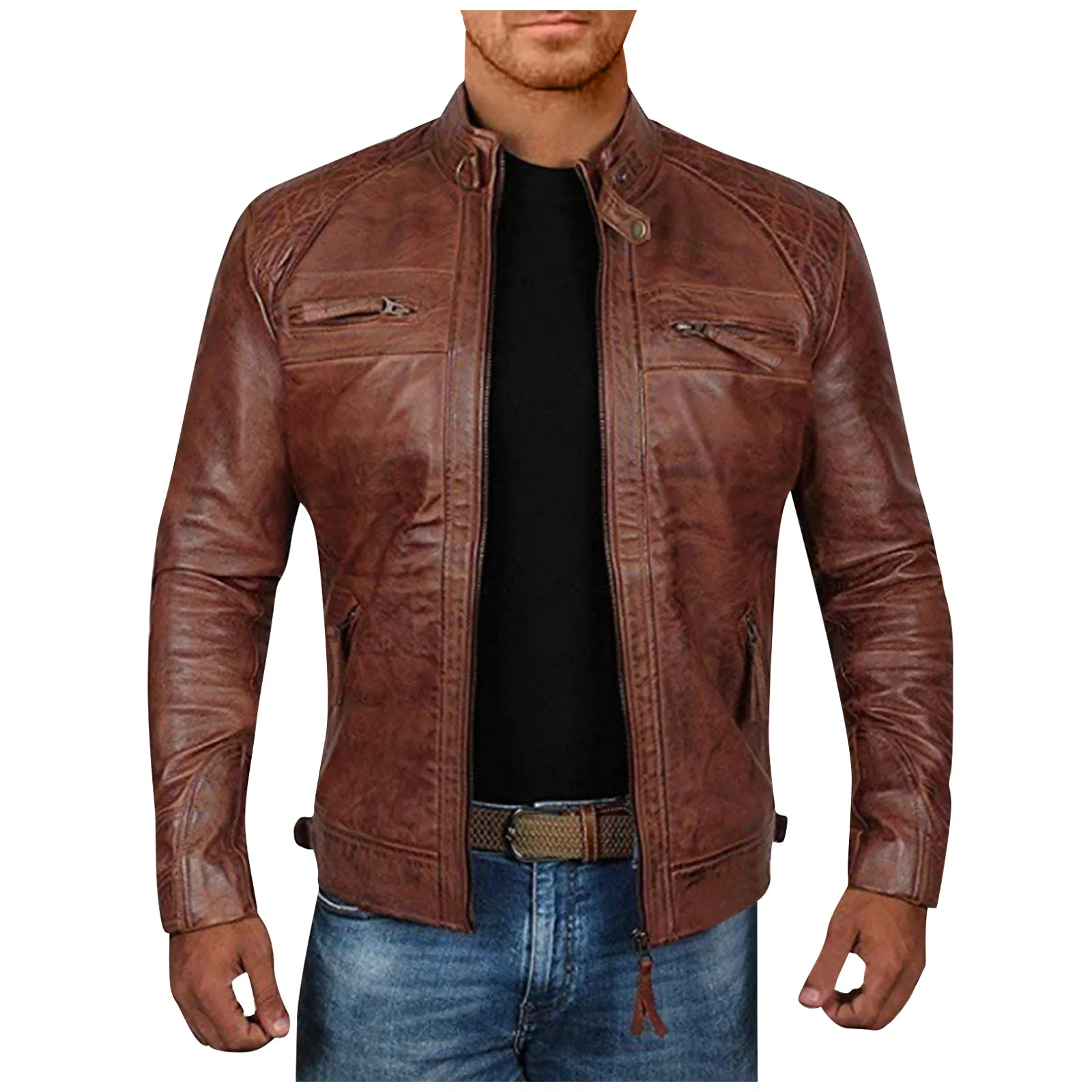

Male coat Spring Autumn Short Cool Black Brown Leather Biker Jacket Men Zipper Long Sleeve Plus Size European Fashion M L XL