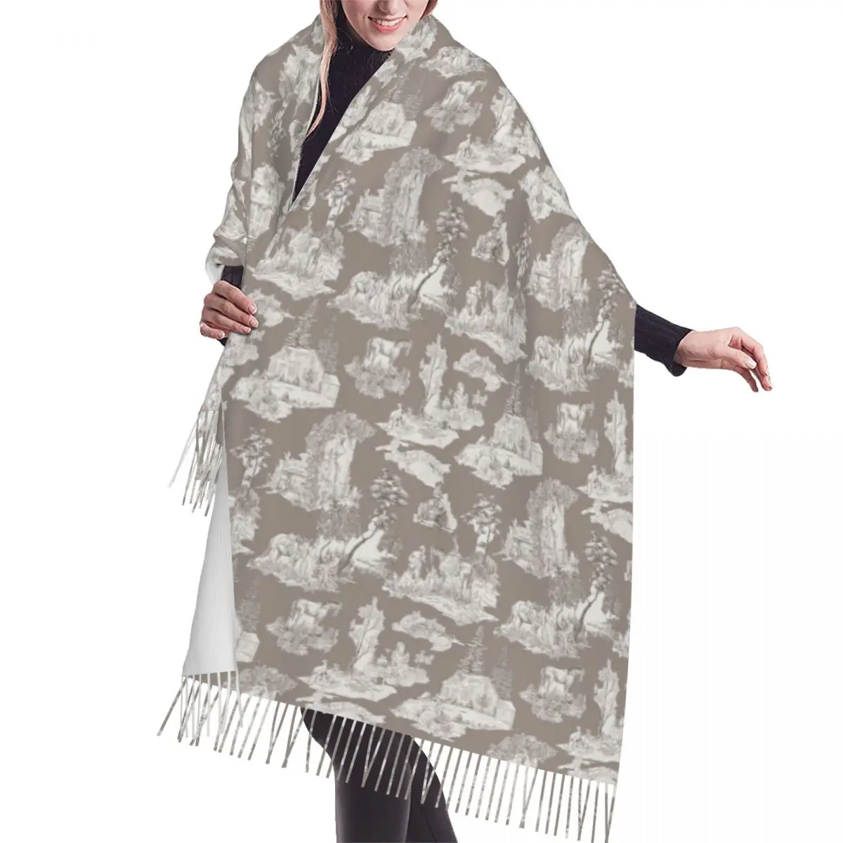 

French Toile De Jouy Large Gray Tassel Scarf Women Soft Traditional France Art Shawls Wraps Lady Winter Fall Versatile Scarves