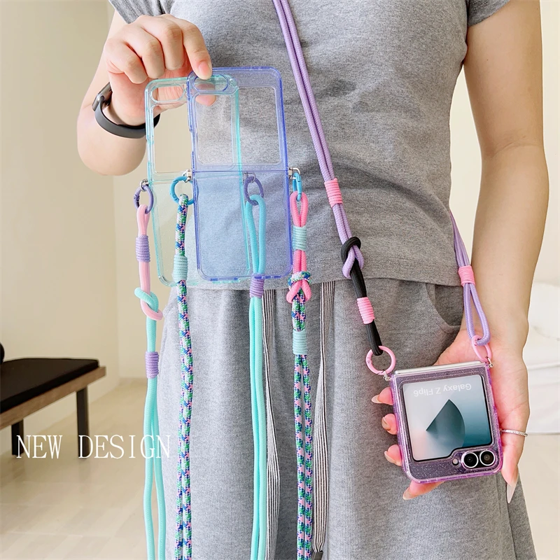 Crossbody Lanyard Glitter Candy Color Phone Case - Foldable Shockproof Cover