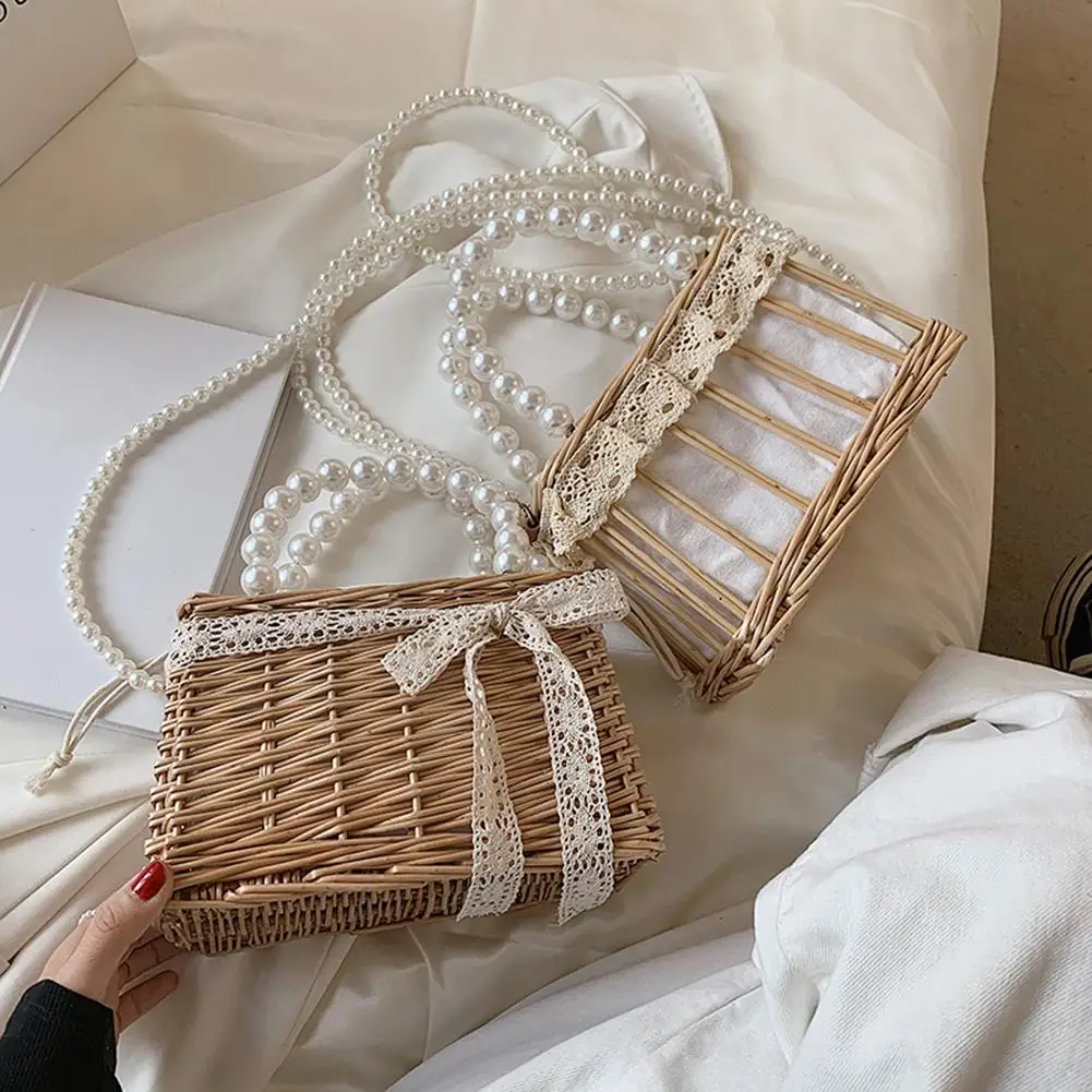 Retro Women Rattan Handbags Woven Lace Pearl Chain Drawstring Small Basket Shoulder Bags Small Beach Women Summer Bags