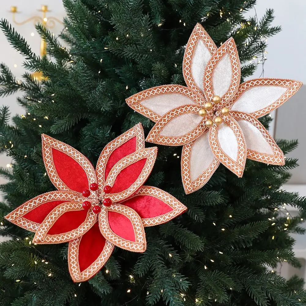 Gold Red Fabric Plastic Christmas Artificial Flowers