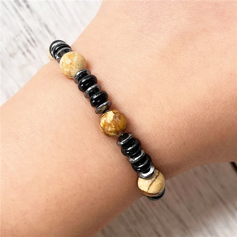 Mode Natürliche Bild Jaspis Armband Flache Perlen Hämatit Schwarz Onyx Strang Armreifen Geschenk Für Männer Handgemachte Yoga Handgelenk Schmuck – Detail 2