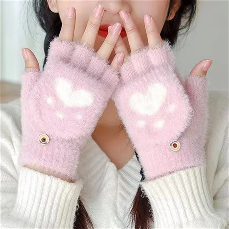 Girls Cat Claw Paw Mitten Women Half Finger Gloves Winter Fingerless Mittens Student Flip Gloves Writing Glove Warm Gloves