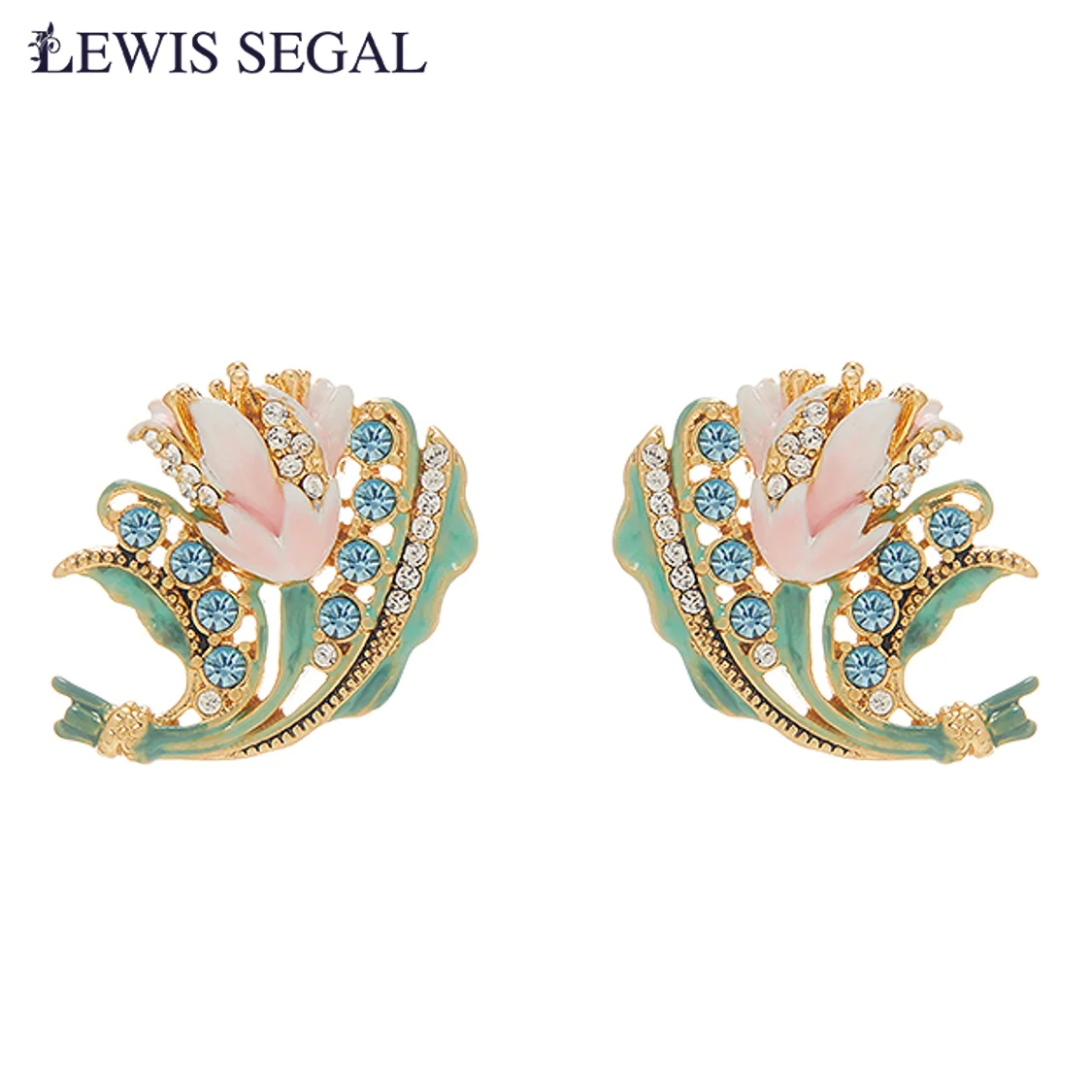 

LEWIS SEGAL Pink Flower and Green Leaf Bouquet Enamel Earrings for Women Rhinestone Vintage Fine Jewelry 18K Gold Plated