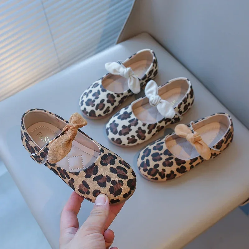 Hot Sale Girls Leather Shoes Leopard Prints Fashion Princess Kids Mary Janes with Bow-knot Sweet Chic Spring Autumn New