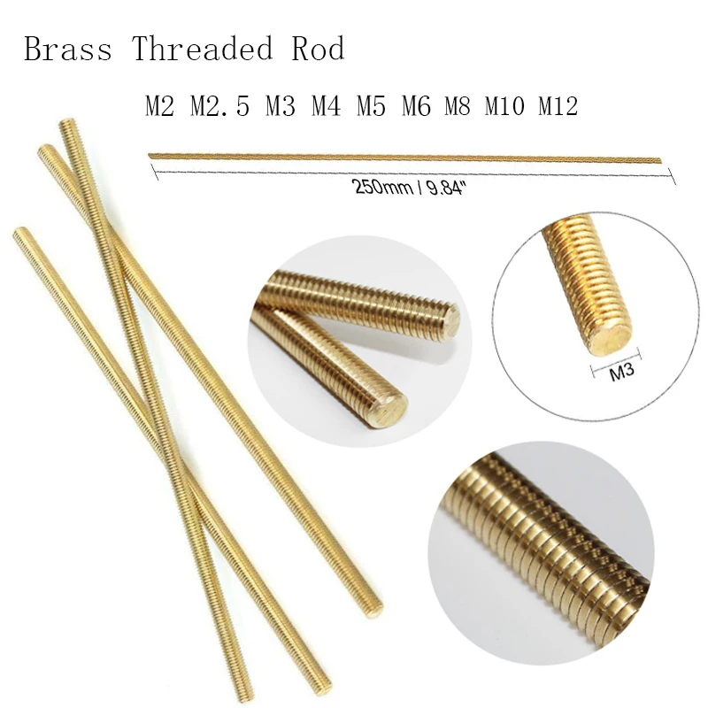 1PC Brass Thread Rod M2 M2.5 M3 M4 M5 M6 M8 M10 M12*250MM Brass Metric