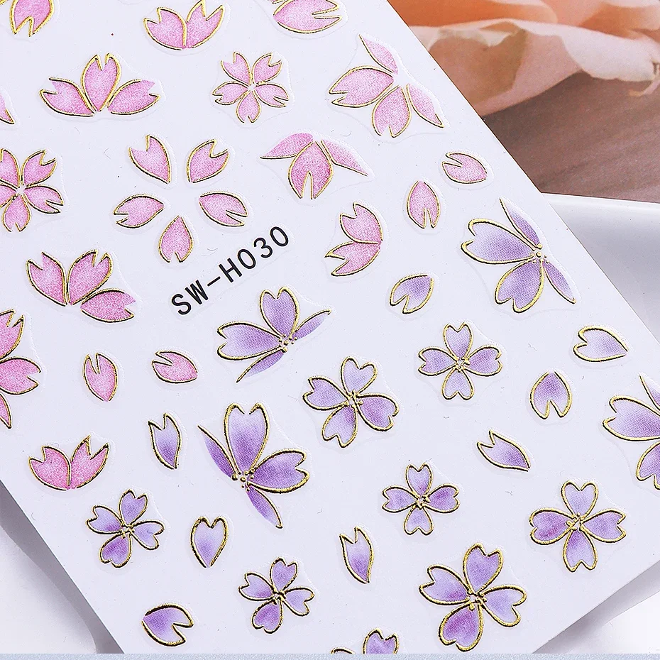 5pcs Metallic Gold Line Flower Nail Stickers 3D Bronzing Border Petals Sakura Leaf Nail Decals Slider DIY Elegant Manicure Decor