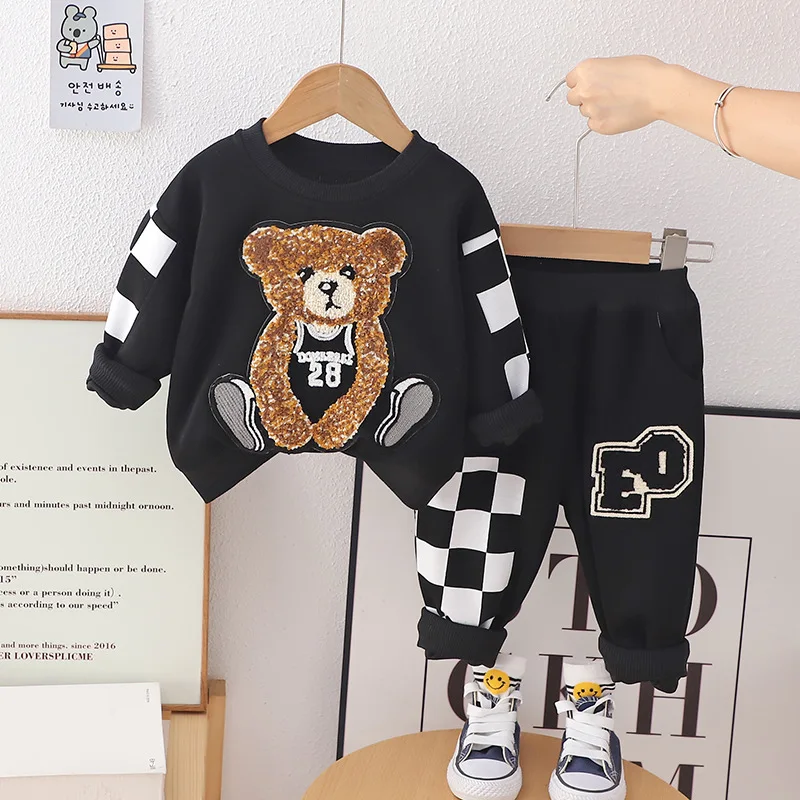 

2023 Korean Spring Autumn Baby Boys Girls Clothes Set Children Cartoon Bear Long Sleeve Plaid Sweatshirt Jeans Pants Suit