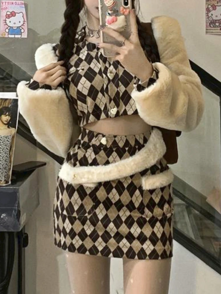 

Женский винтажный костюм с юбкой, повседневный костюм из двух предметов с карманами и приталенной юбкой в стиле пэчворк, осень 2023