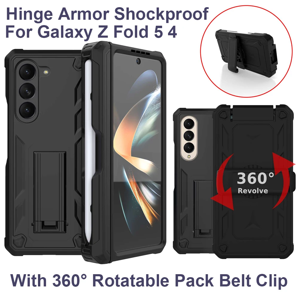 

With S Pen Slot For Samsung Galaxy Z Fold 5 4 Case Hinge Armor Shockproof Magnetic 360° Rotatable Pack Belt Clip Kickstand Cover