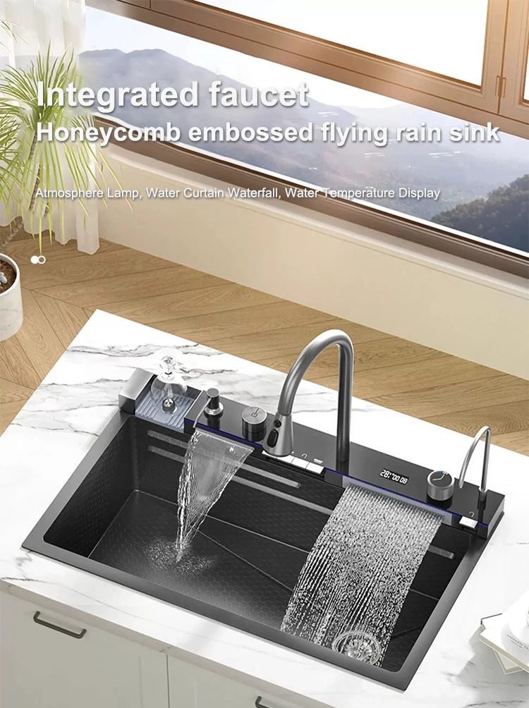 Double Waterfall Sink Stainless Steel Kitchen Sink Embossed Large Single Slot Ambient light digital display Wash Basin