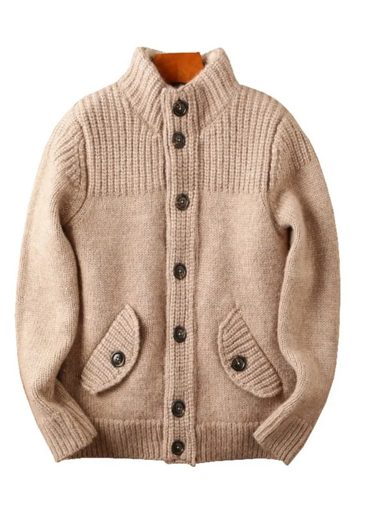 Autumn Winter Stand Collar Wool Knit Cardigan Jacket Men Vintage