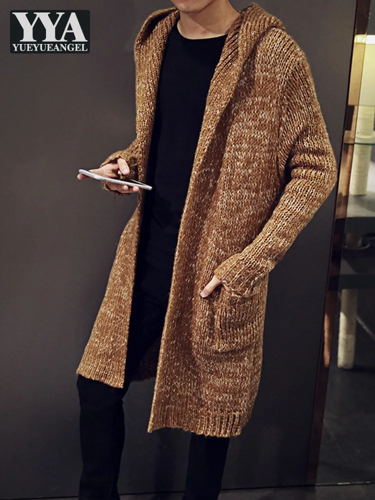 

Autumn Winter Mens Long Sweater Cardigan Casual Slim Fit Thick Trench Coat Fashion Hooded Knitwear Cloak Streetwear Knit Outwear